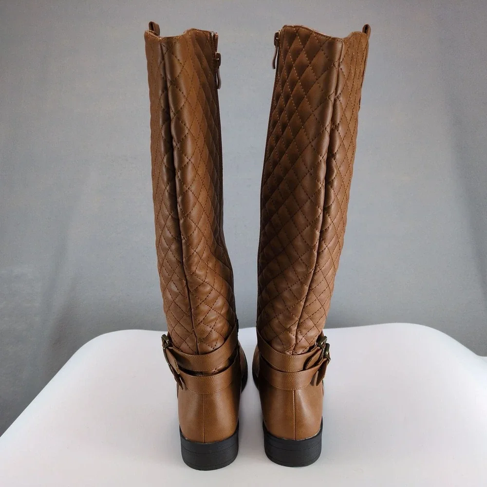 Vepose Camel Quilted Riding Boots Womens 8 Knee-High Side Zip Buckle Low Heel